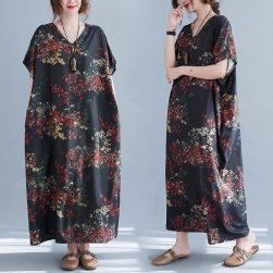 Ukawaii ファッション ｖネック プリント 半袖 切り替え 森ガールワンピース