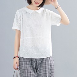 Ukawaii 上品な印象森ガールラウンドカラー透かし彫りTシャツ
