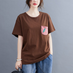 Ukawaii 女性大人気 配色 ラウンドネック プルオーバー ゆったり 刺繍 Ｔシャツ 森ガールトップス