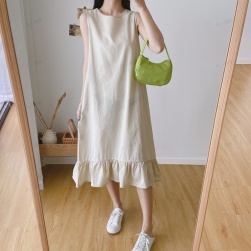 Ukawaii 韓国風ファッション カジュアル ギャザー飾り ラウンドネック ストレート 森ガールワンピース
