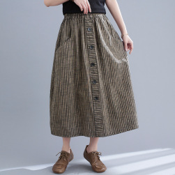 Ukawaii デザイン性抜群 森ガール レギュラーウエスト Aライン ストライプ柄 ギャザー飾り スカート