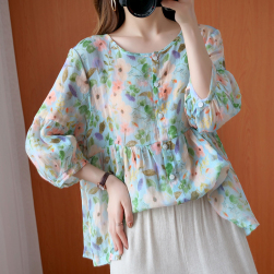 Ukawaii 夏を楽しむ 韓国系 シンプル シングルブレスト ショート丈 七分袖 ランタンスリーブ Tシャツ
