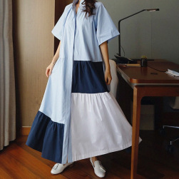 Ukawaii デザイン性抜群 韓国風 気質アップ 切り替え 配色 ゆったり 着瘦せ 大きいサイズ ロングワンピース