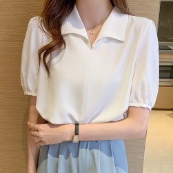 Ukawaii 美人度アップ スウィート エレガント プルオーバー パフスリーブ 無地 ショート丈 POLOネック Tシャツ