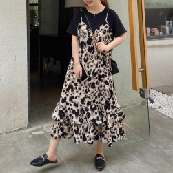 Ukawaii 可愛いデザイン ファッション プリント 切り替え フェイクレイヤード ロングワンピース