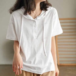 Ukawaii 大人可愛い カジュアル フード付き 無地 ボタン 半袖 Tシャツ
