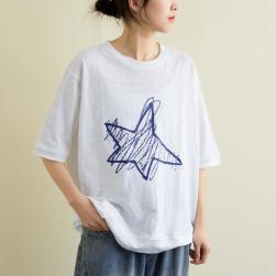 Ukawaii 女性大人気 カジュアル 清新 無地 星のプリント 半袖 Tシャツ