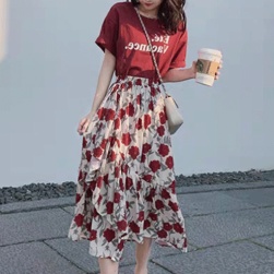 Ukawaii 女性大人気 アルファベット プリント Tシャツ+ ハイウエスト 花柄 スカート 2点セットアップ