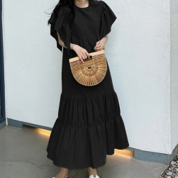 Ukawaii 大人可愛い ゆったり 綿麻 フリル 韓国風 ファッション 無地 4色 ワンピース