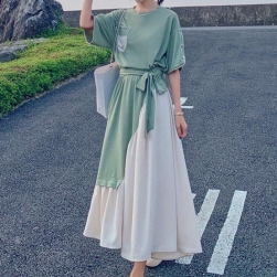Ukawaii 韓国の人気爆発 ファッション 切り替え 配色 ベルト付き ハイウエスト ロングワンピース