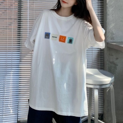 Ukawaii 韓国ファッション ラウンドネック アップリケ ゆったり 体型カバー Ｔシャツ