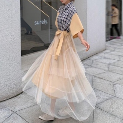 Ukawaii 韓国風ファッション チェック メッシュ 切り替え 高級感 フェミニン ロングワンピース