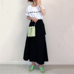 Ukawaii 大人可愛い シンプル アルファベット Tシャツ ハイウエスト Aライン ギャザー飾り スカート 2点セットアップ