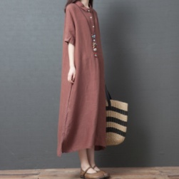 Ukawaii 簡約 無地 折り襟 綿麻 ロング スリット 半袖 カジュアルワンピース