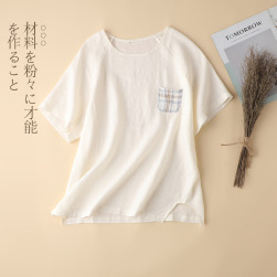 Ukawaii 高品質 夏新作 リネン ゆったり 綿麻 半袖 スリット シンプル Tシャツ 森ガールトップス