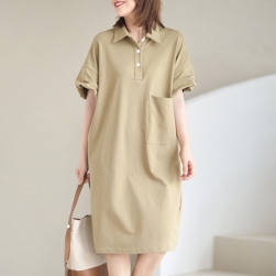 Ukawaii 美人度アップ 通勤 折り襟 袖調節可 無地 シンプル ポロ襟 カジュアル ワンピース