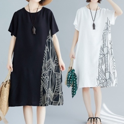 Ukawaii 韓国の人気爆発 ファッション 切り替え プリント ゆったり 綿麻 カジュアルワンピース
