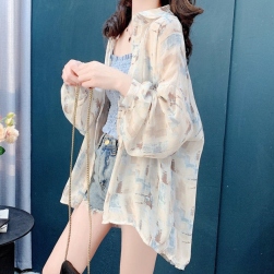 Ukawaii 日焼け止め ファッション ランタンスリーブ プリント 折襟 配色 総柄 カーディガン