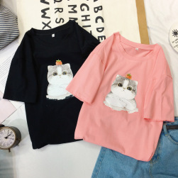 Ukawaii 可愛い猫プリント ラウンドネック 2色 合わせやすい ゆったり レディース 通学 カジュアル Ｔシャツ