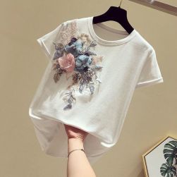 Ukawaii かわいい レディース 通学 キャンパス 切り替え 花柄飾り 半袖 Ｔシャツ