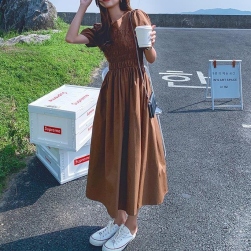 Ukawaii 韓国風 通学 ファッション オシャレ 無地 ギャザー飾り 半袖 デートワンピース