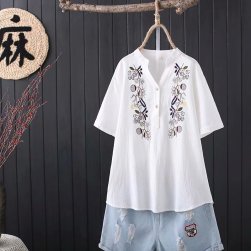 Ukawaii 定番シンプル プラスサイズ シンプル 森ガール 半袖 Vネック 刺繍 ボタン シャツ