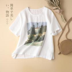 Ukawaii 絶対欲しい シンプル 森ガール 無地 プリント 綿麻 ラウンドネック Tシャツ