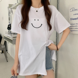 Ukawaii 韓国風 カジュアル 笑顔 プリント 半袖 スリット 切り替え Ｔシャツ