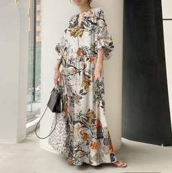 Ukawaii 楽天人気アイテム 流行 ファッション 花柄 プリント ｖネック ゆったり ロングワンピース