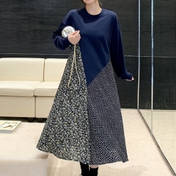 Ukawaii 韓国ファッション 切り替え プリント デザイン性 長袖 不規則 ロングワンピース