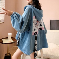 Ukawaii 韓国風ファッション デザイン性 ゆったり フード付き プリント デニム ジャケット