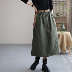 Ukawaii 高級感 ファッション レトロ 無地 ハイウエスト ロング ストレート コットン ベルト付き スカート
