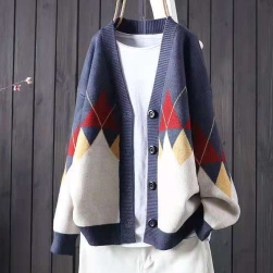 Ukawaii 個性的なデザイン ファッション Ⅴネック配色 幾何模様 ニットカーディガン