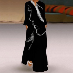 Ukawaii 一番人気 プリント ファッション ｖネック ゆったり 長袖 ロングワンピース