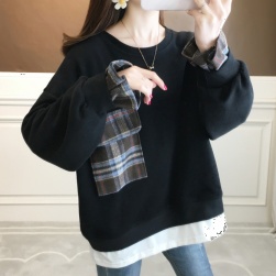 Ukawaii 韓国風ファッション 【3カラー】レイヤードルック チェック柄 切り替え スウェット M~2XL レディース トップス パーカー