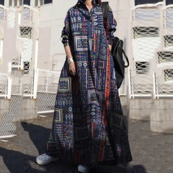 Ukawaii 大流行新作 レトロ ファッション プリント ゆったり 綿麻 長袖 ロングワンピース