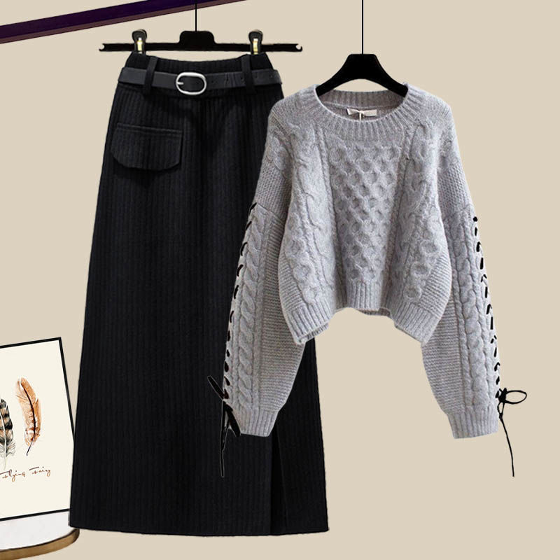 グレー/セーター+ブラック／スカート