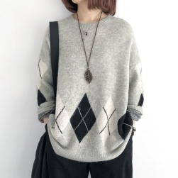 Ukawaii 可愛いデザイン 個性的なデザイン シンプル ラウンドネック 幾何模様 プリント 切り替え ニットセーター