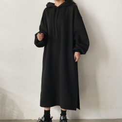 Ukawaii 厚手の生地 韓国風ファッション フード付き ランタンスリーブ スリット ロングワンピース