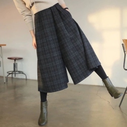 Ukawaii 韓国風ファッション シンプル 7分丈 ギャザー飾り チェック柄 レディース ガウチョパンツ