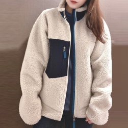 Ukawaii 上品さたっぷり 韓国風ファッション 配色 スタンドネック フワフワ 柔らか ジャケット