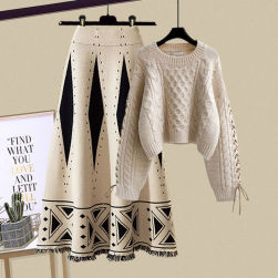 今季大人気 シンプル 配色 長袖 ニット セーター+幾何模様 Aライン スカート