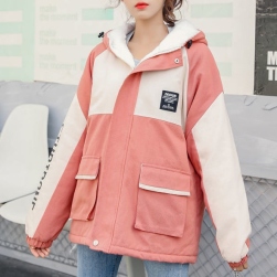 絶対流行 韓国系 配色 切り替え ショート丈 フード付き ジャケット