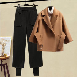 【単品注文｝ 気質良い 長袖 無地 折り襟 コート + 偽二枚 厚手 パンツ 2点セット