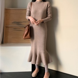 韓国風ファッション シンプル 無地 2色 ニット スリム マーメイドスカート ワンピース