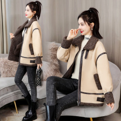 大人可愛い 韓国風 ファッション 裏起毛付き 切り替え 配色 厚手 保温性 ジャケット