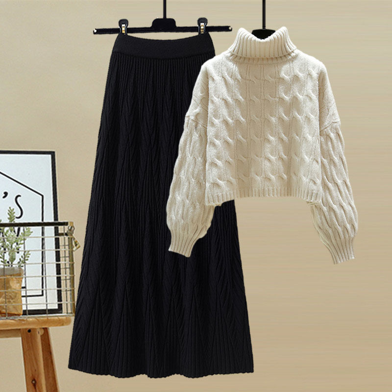 ホワイトセーター+ブラックスカート