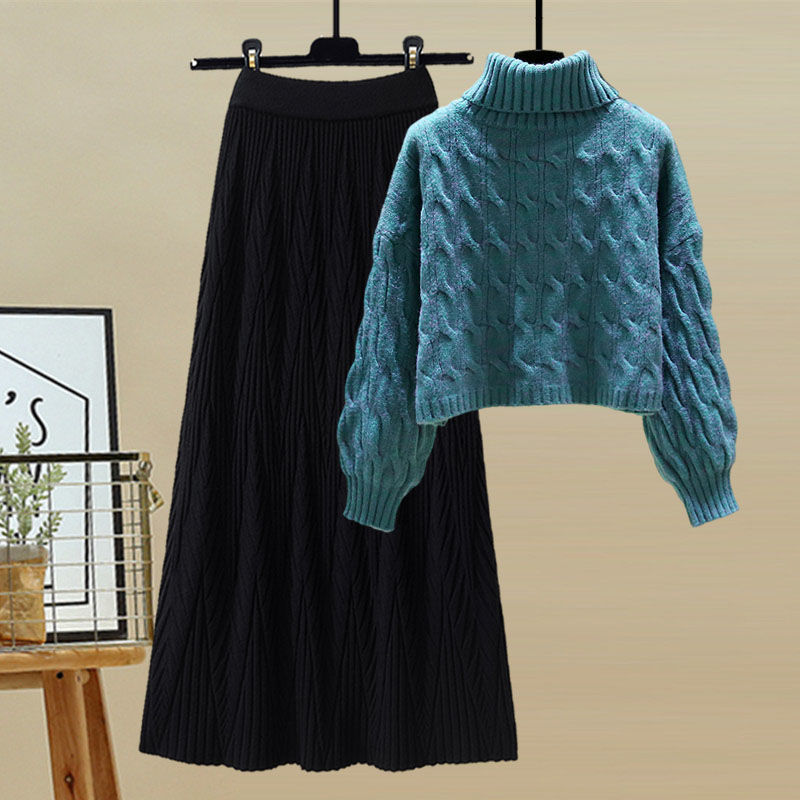 ブルーセーター+ブラックスカート