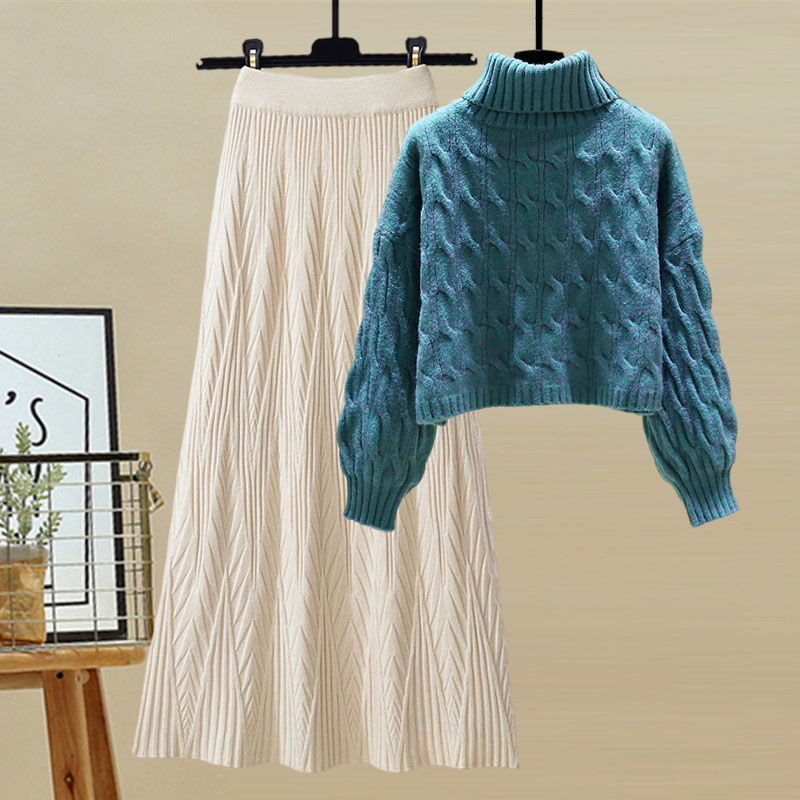 ブルーセーター+アプリコットスカート