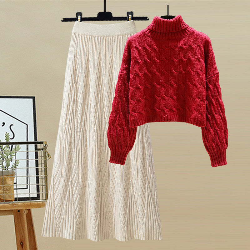 レッドセーター+アプリコットスカート